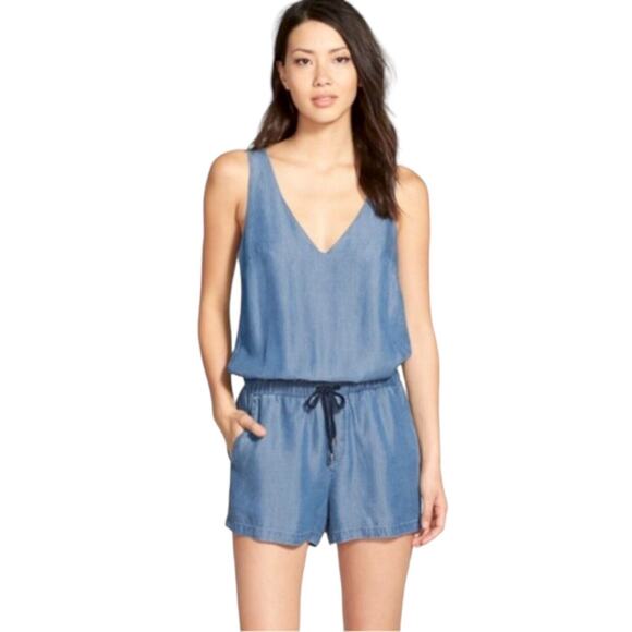 SPLENDID Chambray Romper Vintage Style 90's Y2K Drawstring Small V-Neck Blue - Picture 11 of 11